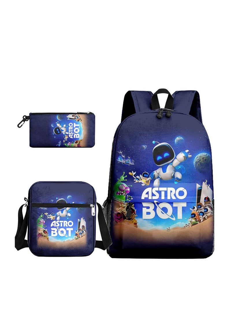 General Three-piece set for the beginning of the school season: school bag + shoulder bag + pencil case, astro bot cartoon teenage student school bag, men's and women's backpack travel bag, astro bot print personalized casual sports backpack 