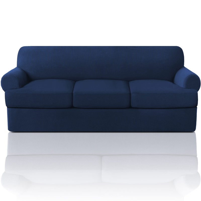 PrinceDeco T Cushion Sofa Slipcover 4 Pieces Sofa Covers for T Cushion Couch Soft Sofa Slip Covers Furniture Protector with 3 Individual T Shape Seat Covers Width Up to 90 Inch Navy