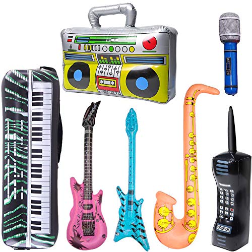 WedFeir Inflatable Rock Star Toy Set, 7 Pack Inflatable Boom Box Mobile Phone Guitar Bass Party Props for 80's 90's Party Decorations, Rock and Roll Party Favors Supplies, Christmas Birthday Party Gifts. - Image 1