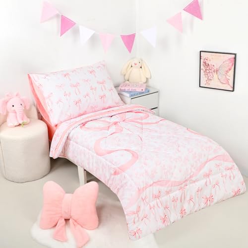 DAYEEBALL 4 Piece Toddler Bedding Set, Ultra Soft and Breathable Toddler Comforter Sets for GirlsIncludes Quilted Comforter, Fitted Sheet, Flat Sheet and Pillowcase, Pink Bow - Image 4