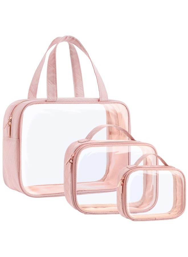 Packism Clear Toiletry Bags, 3 Pack Clear Makeup Bags with Handle Large Opening, Waterproof Clear Cosmetic Bags Fit Carry-on Travel Essentials, Travel Accessories Clear Travel Bags, Pink - Image 1