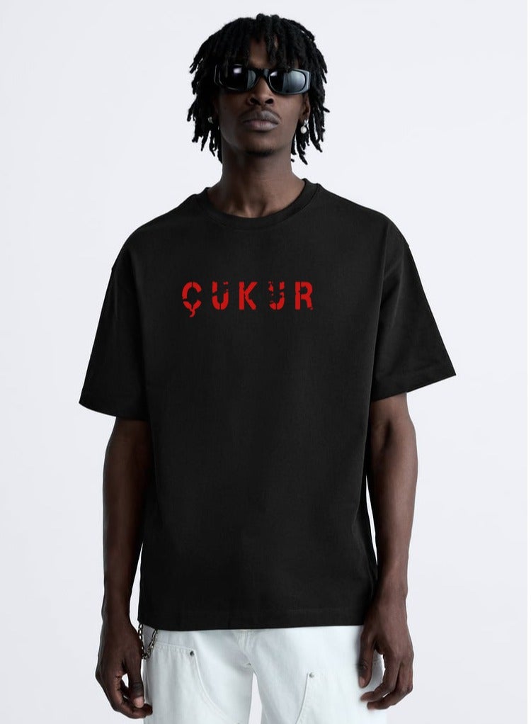 تي شيرت أوفر – أسود مطبوع من الأمام والخلف – قطن 100% - Image 1