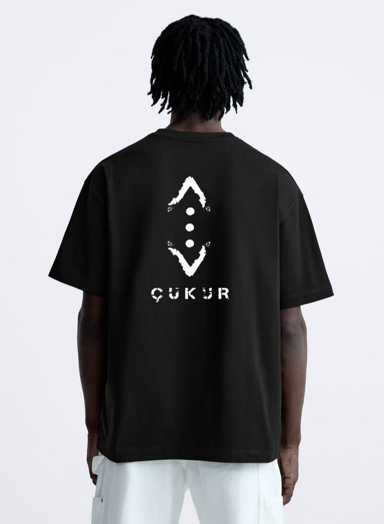 تي شيرت أوفر – أسود مطبوع من الأمام والخلف – قطن 100% - Image 2