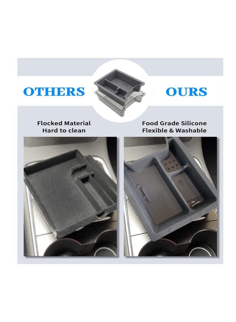 Center Console Organizer Tray for Tesla Model Y and Model 3 2021-2023, Washable Silicone Liner with 3 Compartments in Gray - Image 5