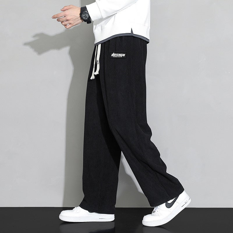 Corduroy Straight Leg Pants Mens Spring Autumn Winter Loose Drapey Sports Casual Long Trousers High Waist Belted High Elasticity Black [printed logo]] 