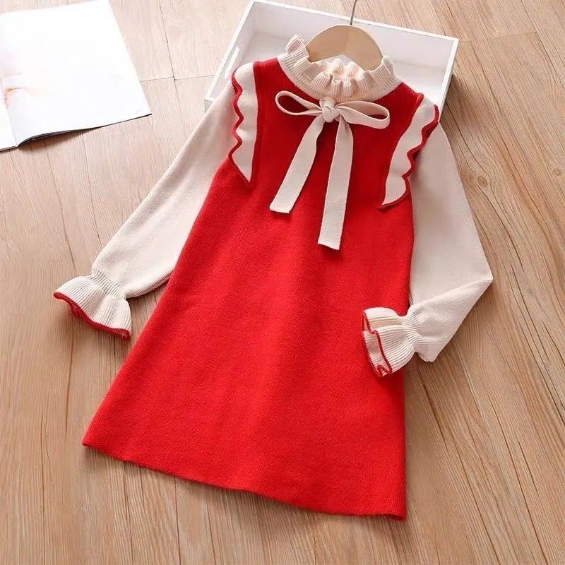 Girls knitted dress spring clothes fashionable new style little girl autumn and winter medium and big childrens knitted early spring sweater dress Red