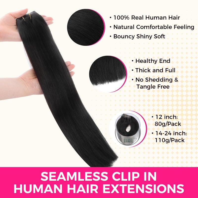 Lashey Seamless Clip in Hair Extensions, Straight Remy Human Hair Extensions 12 Inch #1 Jet Black 7pcs 80g Real Human Hair Extensions with Soft Invisi Edge PU Weft - Image 3
