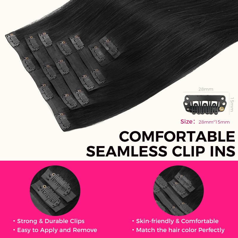 Lashey Seamless Clip in Hair Extensions, Straight Remy Human Hair Extensions 12 Inch #1 Jet Black 7pcs 80g Real Human Hair Extensions with Soft Invisi Edge PU Weft - Image 4
