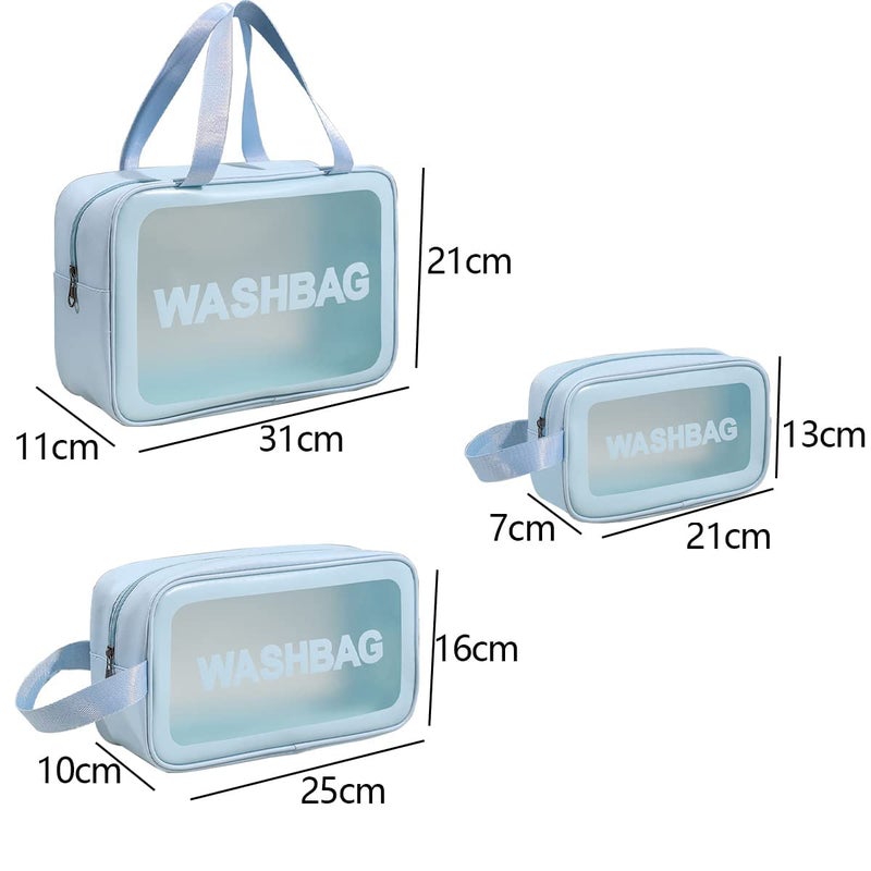 Wash Bag Transparent Cosmetics Makeup Toiletry Bags WaterResistant 3 Pieces Sky Blue Black Pink 2 Zippered CompartmentsUnisex - Image 2
