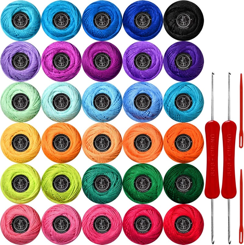 colored bird Size 3 Crochet Thread Kit Cotton Threads Balls kit 30 Popular Rainbow Colors with Free Set of 2 Crochet Hooks and 2pcs Knitting Needles for Beginners and Experienced Crochet Enthusiast - Image 1
