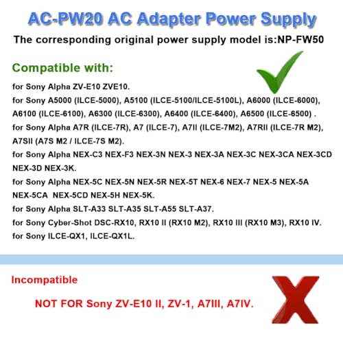 TKDY NP-FW50 for Sony ZV-E10 Dummy Battery and AC-PW20 Continuous Power Supply Adapter Kit Compatible for Sony Alpha ZVE10 A6400 A6000 A6100 A5100 A7 A7II Cameras. - Image 2