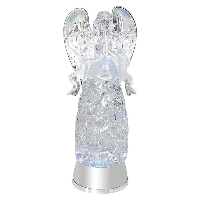 Snow Globe Angels with Trumpet Lighted Water Glittering Swirling Crystal Angel StatueTimer Battery Operated Sparkling MultiColor Changing Praying Angel Figurine for Christmas Decoration