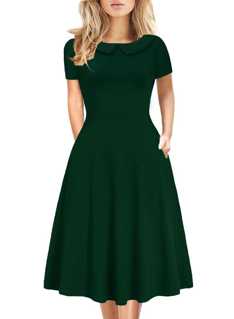 HELYO Fit and Flare Dresses for Women Vintage Casual Peter Pan Collar Solid Color Work Party A-Line Swing Dress with Pockets 978 (Green, L) - Image 1