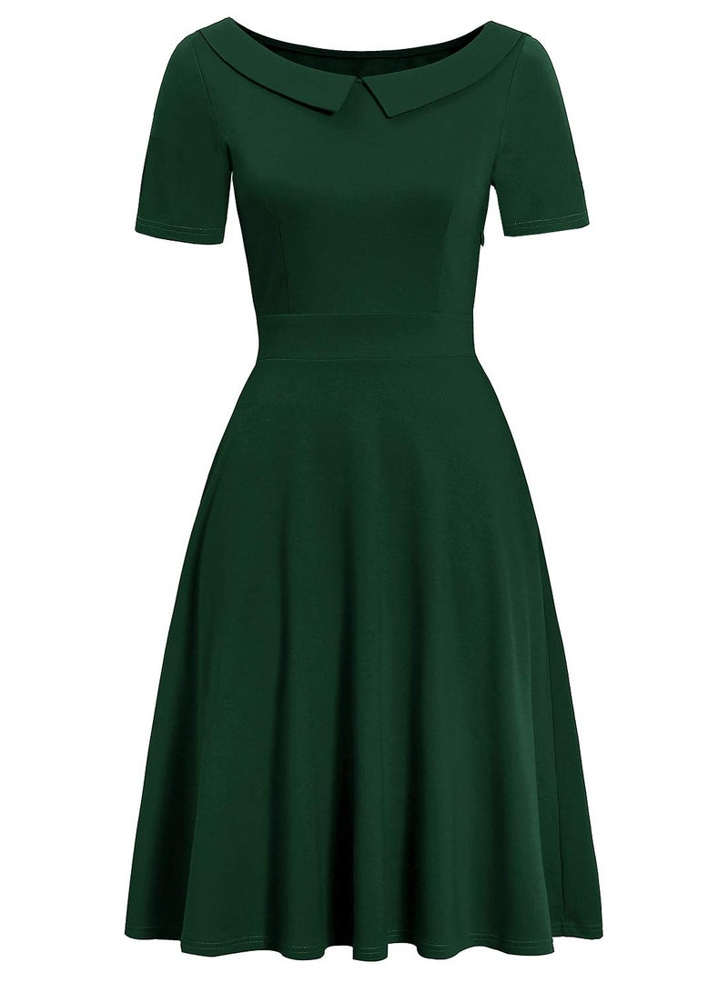 HELYO Fit and Flare Dresses for Women Vintage Casual Peter Pan Collar Solid Color Work Party A-Line Swing Dress with Pockets 978 (Green, L) - Image 2