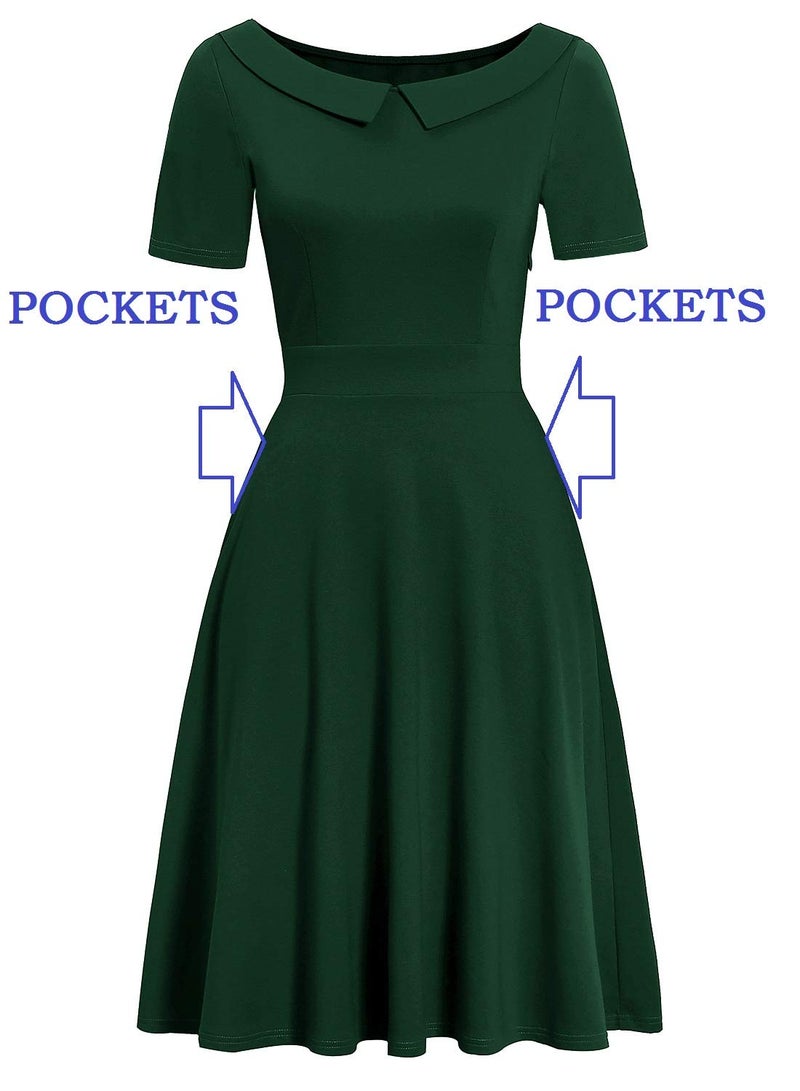 HELYO Fit and Flare Dresses for Women Vintage Casual Peter Pan Collar Solid Color Work Party A-Line Swing Dress with Pockets 978 (Green, L) - Image 4