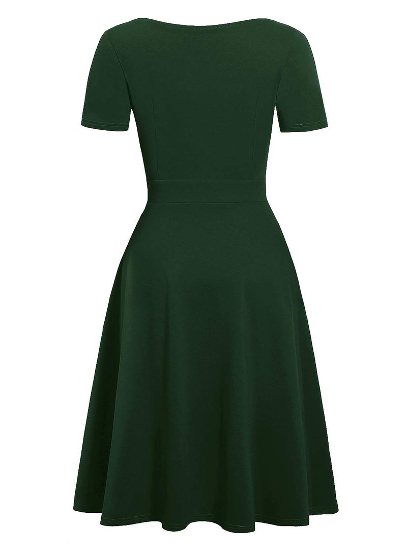HELYO Fit and Flare Dresses for Women Vintage Casual Peter Pan Collar Solid Color Work Party A-Line Swing Dress with Pockets 978 (Green, L) - Image 3