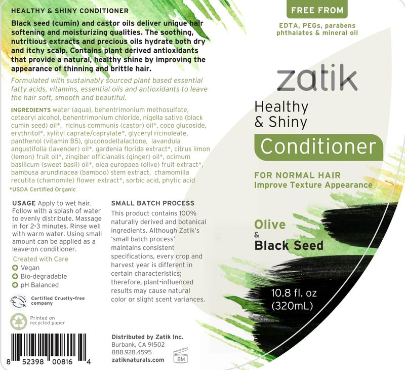 Zatik Naturals - Healthy and Shiny Conditioner with Olive and Black Seed, Vegan, Biodegradable, pH Balanced, FREE from EDTA, PEG, Parabens, fragrances, phthalates & mineral oil, 10.8 fl oz, 320ml - Image 2
