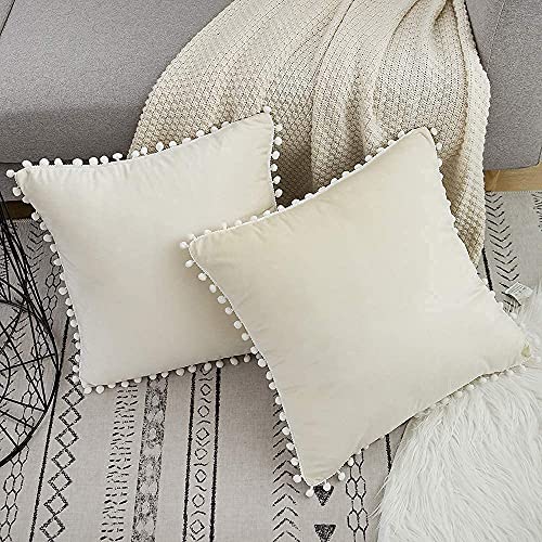 CottonFry Set of 2 Cushion Covers/Throw Pillow Covers Size 20"X20" Inches with Pom Poms, Soft Square Velvet Pillowcases Home Decor (Cream, Pack of 2) - Image 3