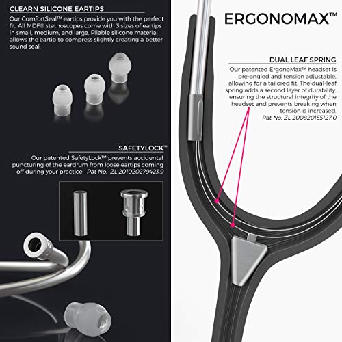MDF Instruments, ProCardial Cardiology Stethoscope, Stainless Steel, Adult, Dual Head, Black Tube, Black Chestpiece-Headset, MDF797BO - Image 3