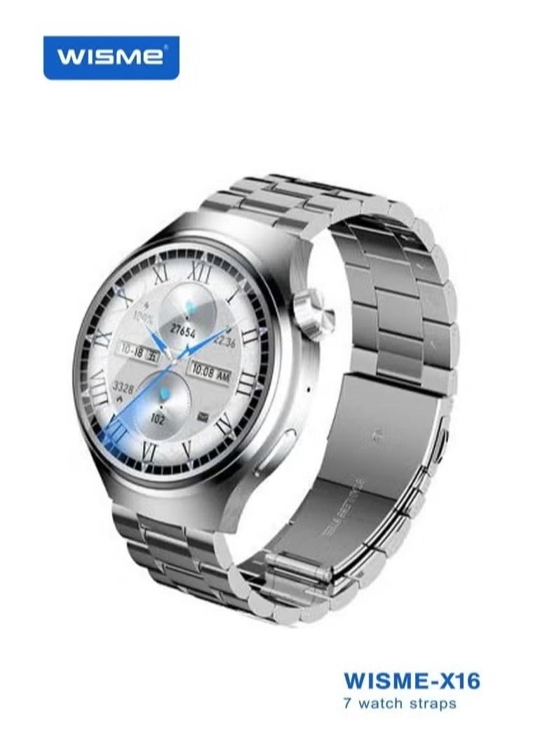 WISME X16 Round Shape Curved Display Smartwatch with 7 Pair Straps, Charging Cable- Designed for Men Silver  - Image 1