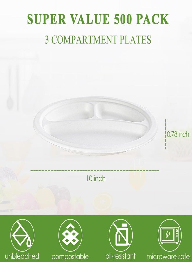 Vplus 100% Compostable Paper Plates, 500 Pack 10 Inch 3 Compartment Plates Disposable, Heavy Duty Biodegradable, Made of Sugar Cane Fibers, for Daily meals, Dinner, Parties, BBQ - Image 3