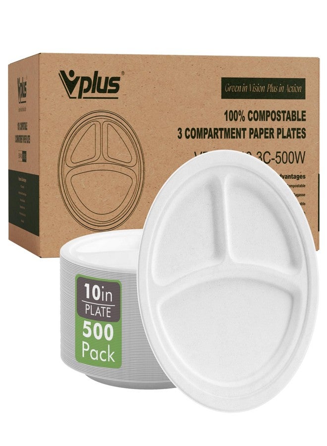Vplus 100% Compostable Paper Plates, 500 Pack 10 Inch 3 Compartment Plates Disposable, Heavy Duty Biodegradable, Made of Sugar Cane Fibers, for Daily meals, Dinner, Parties, BBQ - Image 1