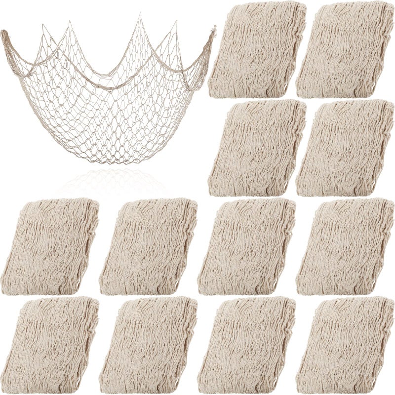 Chumia 12 Pcs Fish Net Decorative Hanging Party Supplies 787 x 59 Inch Nautical Party Decorations Natural Cotton Fishnet Accessory for Hawaiian Pirate Fishing Theme Supplies Beige
