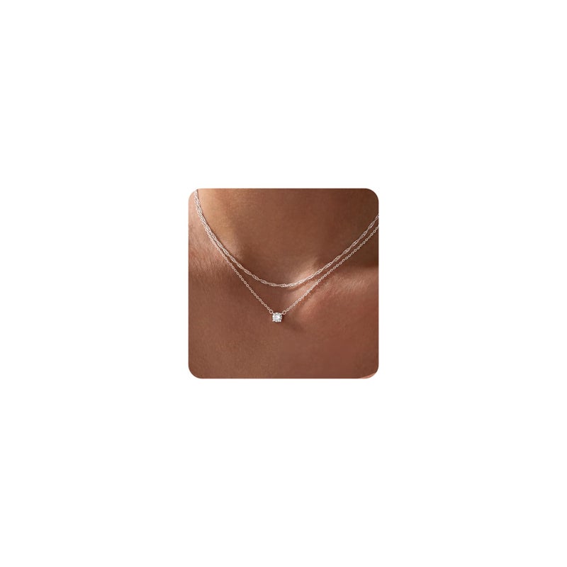 Tewiky Layered Sterling Silver Necklace for Women, Dainty Cubic Zirconia Pendant Necklace Simple Chain Choker Necklaces Jewelry Fashion Set Gifts - Image 1