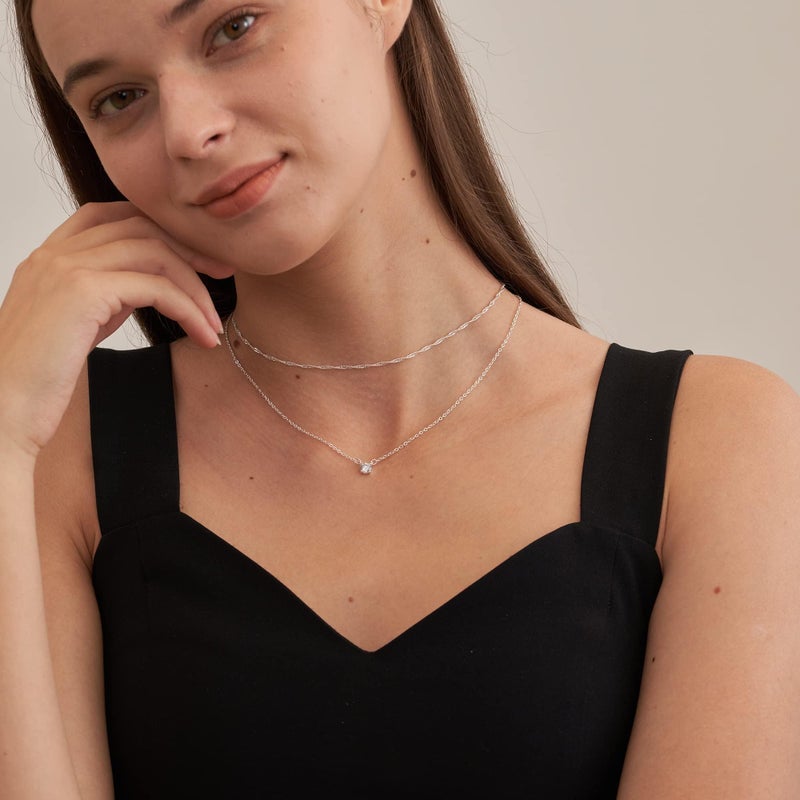 Tewiky Layered Sterling Silver Necklace for Women, Dainty Cubic Zirconia Pendant Necklace Simple Chain Choker Necklaces Jewelry Fashion Set Gifts - Image 4