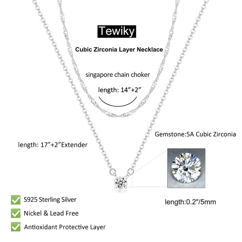 Tewiky Layered Sterling Silver Necklace for Women, Dainty Cubic Zirconia Pendant Necklace Simple Chain Choker Necklaces Jewelry Fashion Set Gifts - Image 3
