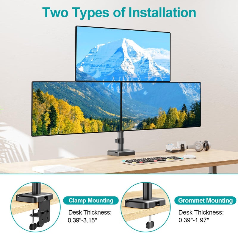 MOUNT PRO Triple Monitor Mount for Max 32" Computer Screen, Adjustable 3 Monitor Desk Mount, up to 19.8lbs Each, Three Display Arm with Tilt Swivel Rotation, VESA Mount 75x75/100x100mm - Image 4
