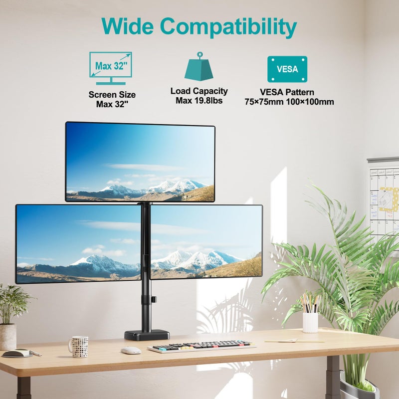 MOUNT PRO Triple Monitor Mount for Max 32" Computer Screen, Adjustable 3 Monitor Desk Mount, up to 19.8lbs Each, Three Display Arm with Tilt Swivel Rotation, VESA Mount 75x75/100x100mm - Image 2