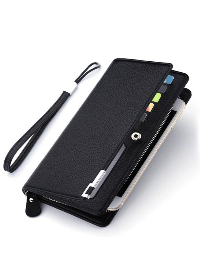 Long Wallet for Men Genuine Leather Zipper Wallet with 30 Card Slots|2 ID Windows|RFID Blocking|Wrist Strap|Cash Compartments|Gift Package, Large Capacity Organizer Accordion Wallet, Black