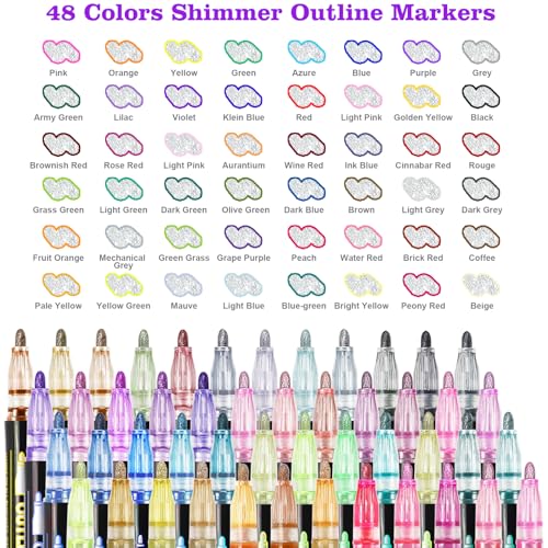 KOUSICOO Glitter Markers Outline Pens Metallic: 48 Double Line Outline Markers,Self Outlining Glitter Pens Adult Coloring Gel Sparkle Outliner Shimmer,Teen Gifts Drawing Art Supplies Craft Cool Fun Magic Stuff - Image 2