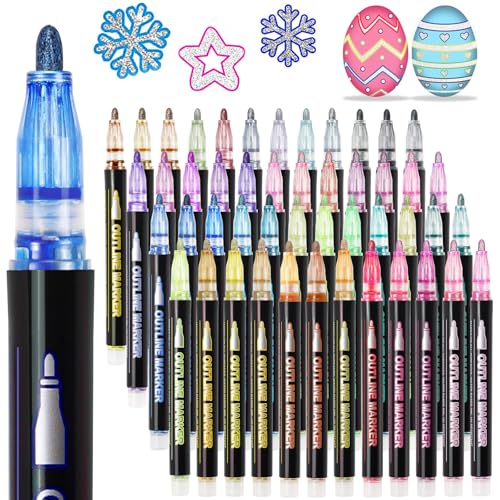 KOUSICOO Glitter Markers Outline Pens Metallic: 48 Double Line Outline Markers,Self Outlining Glitter Pens Adult Coloring Gel Sparkle Outliner Shimmer,Teen Gifts Drawing Art Supplies Craft Cool Fun Magic Stuff - Image 1