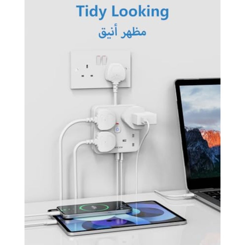 4 سلك تمديد حلقي مع 4 فتحات USB 1 نوع C و3 USB-A، وصلة توصيل 5 سم مع منافذ USB، شريط طاقة قصير مع مفتاح مؤشر LED، محطة شحن للمطبخ، المنزل، المكتب. - Image 3
