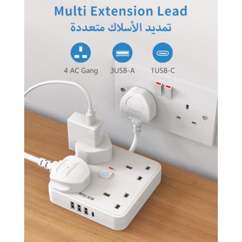 4 سلك تمديد حلقي مع 4 فتحات USB 1 نوع C و3 USB-A، وصلة توصيل 5 سم مع منافذ USB، شريط طاقة قصير مع مفتاح مؤشر LED، محطة شحن للمطبخ، المنزل، المكتب. - Image 2