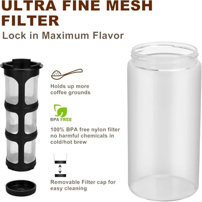 Azonee Cold Brew Coffee Maker 44Oz 1300Ml Iced Coffee Glass Pitcher With Lid  Nylon Filter Cold Brewer Carafe For Cold Coffee  Tea Ideal For Summer Drinks - Image 4