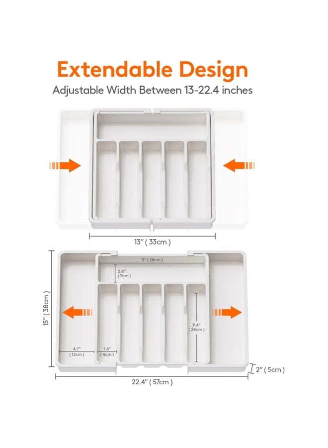 Flushrenic Silverware Organiser Tray, Expandable Kitchen Cutlery Tray, BPA-Free Cutlery Tray, Adjustable Cutlery and Utensil Holder for Spoons, Forks, Knives, Plastic Kitchen Organiser and Storage (White) - Image 2