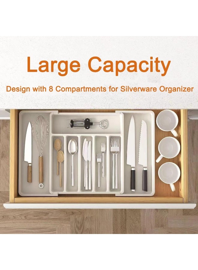 Flushrenic Silverware Organiser Tray, Expandable Kitchen Cutlery Tray, BPA-Free Cutlery Tray, Adjustable Cutlery and Utensil Holder for Spoons, Forks, Knives, Plastic Kitchen Organiser and Storage (White) - Image 3
