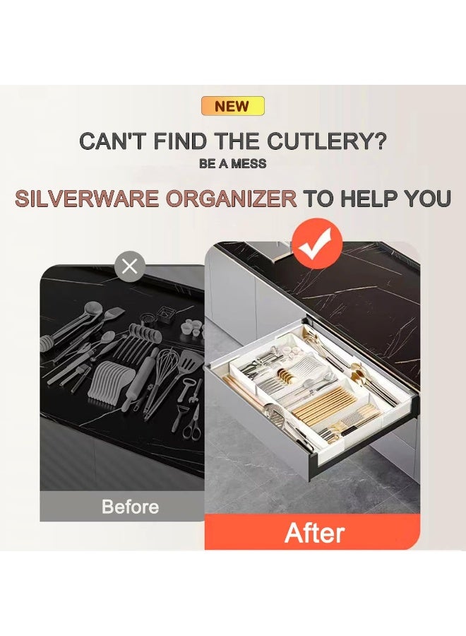 Flushrenic Silverware Organiser Tray, Expandable Kitchen Cutlery Tray, BPA-Free Cutlery Tray, Adjustable Cutlery and Utensil Holder for Spoons, Forks, Knives, Plastic Kitchen Organiser and Storage (White) - Image 5