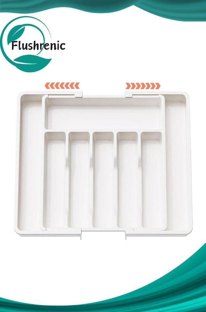 Flushrenic Silverware Organiser Tray, Expandable Kitchen Cutlery Tray, BPA-Free Cutlery Tray, Adjustable Cutlery and Utensil Holder for Spoons, Forks, Knives, Plastic Kitchen Organiser and Storage (White) - Image 1