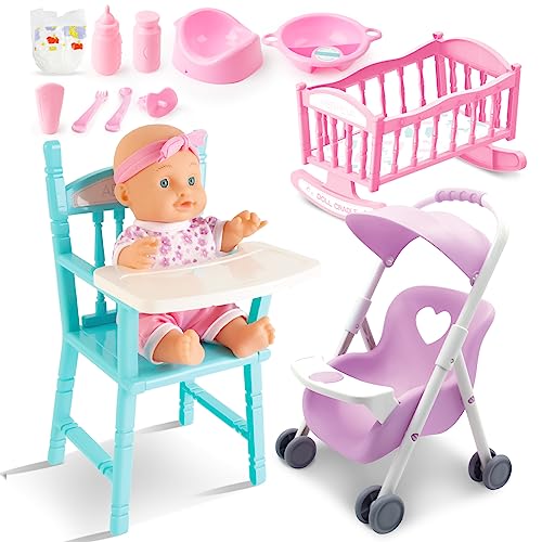 deAO Baby Doll Set Play Set Includes Miniature CribMobile High Chair Stroller12PCS Baby Doll AccessoriesGreat Pretend Play Gift for 3 Years Old Kids Girls Boys S - Image 1
