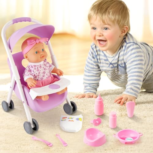 deAO Baby Doll Set Play Set Includes Miniature CribMobile High Chair Stroller12PCS Baby Doll AccessoriesGreat Pretend Play Gift for 3 Years Old Kids Girls Boys S - Image 5