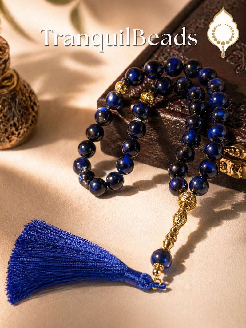 TranquilBeads Blue Tiger Eye Prayer Beads 33 Beads 8mm for Men, Handmade Tasbih Misbaha Worry Beads, Stress Relief Fidget Beads, Rosary Style Necklace, Eid Ramadan Father's Day Gift - Image 1