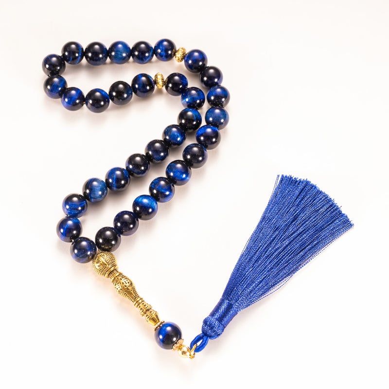 TranquilBeads Blue Tiger Eye Prayer Beads 33 Beads 8mm for Men, Handmade Tasbih Misbaha Worry Beads, Stress Relief Fidget Beads, Rosary Style Necklace, Eid Ramadan Father's Day Gift - Image 2