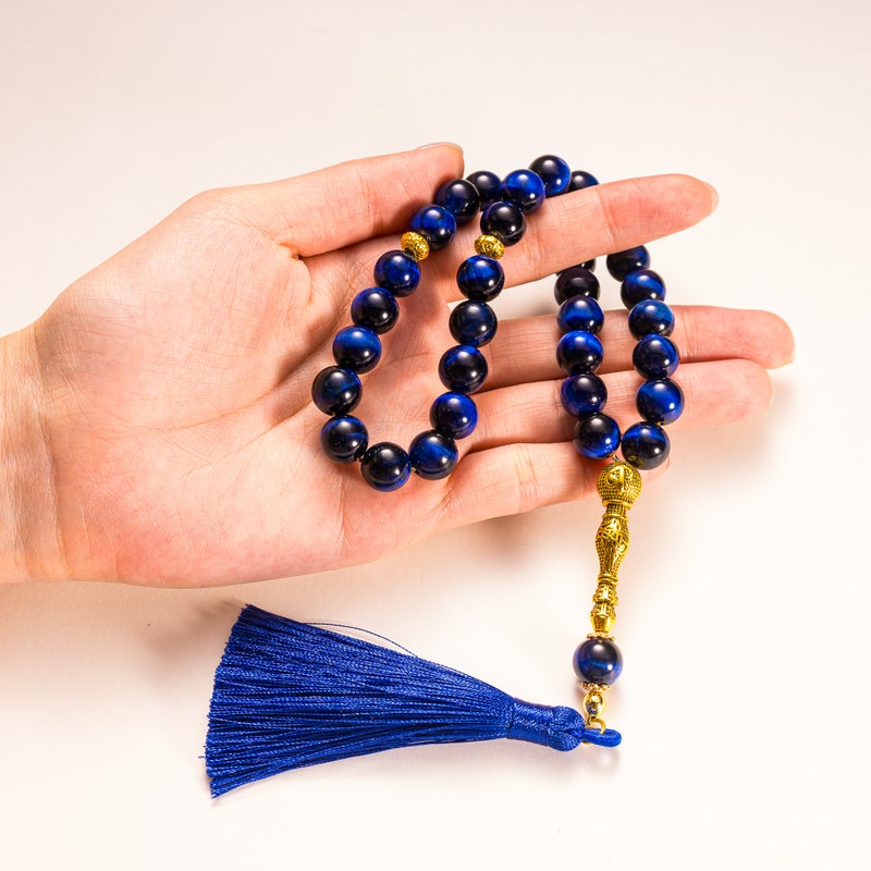 TranquilBeads Blue Tiger Eye Prayer Beads 33 Beads 8mm for Men, Handmade Tasbih Misbaha Worry Beads, Stress Relief Fidget Beads, Rosary Style Necklace, Eid Ramadan Father's Day Gift - Image 4