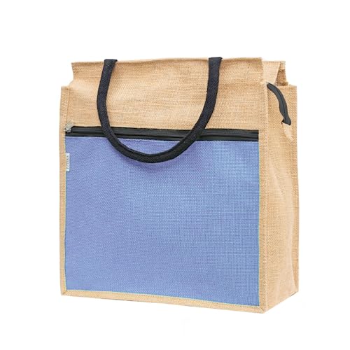 JUTEKA Front Zip Pocket Teal Blue color Jute Bag for Lunch, Office, Grocery, Picnic, Tiffin, Shopping Hand Bag with padded cotton handles… - Image 1
