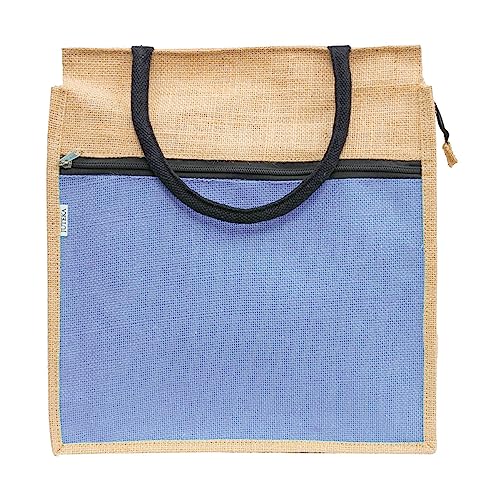 JUTEKA Front Zip Pocket Teal Blue color Jute Bag for Lunch, Office, Grocery, Picnic, Tiffin, Shopping Hand Bag with padded cotton handles… - Image 3