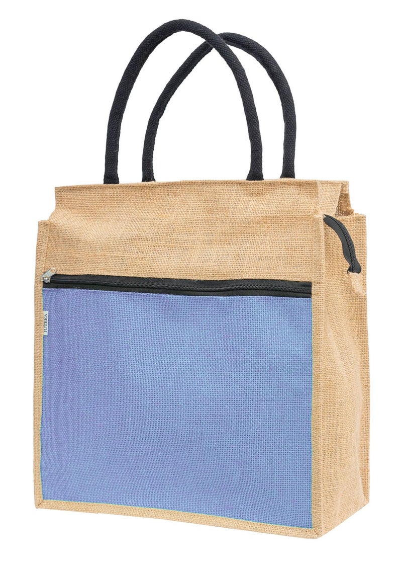 JUTEKA Front Zip Pocket Teal Blue color Jute Bag for Lunch, Office, Grocery, Picnic, Tiffin, Shopping Hand Bag with padded cotton handles… - Image 2